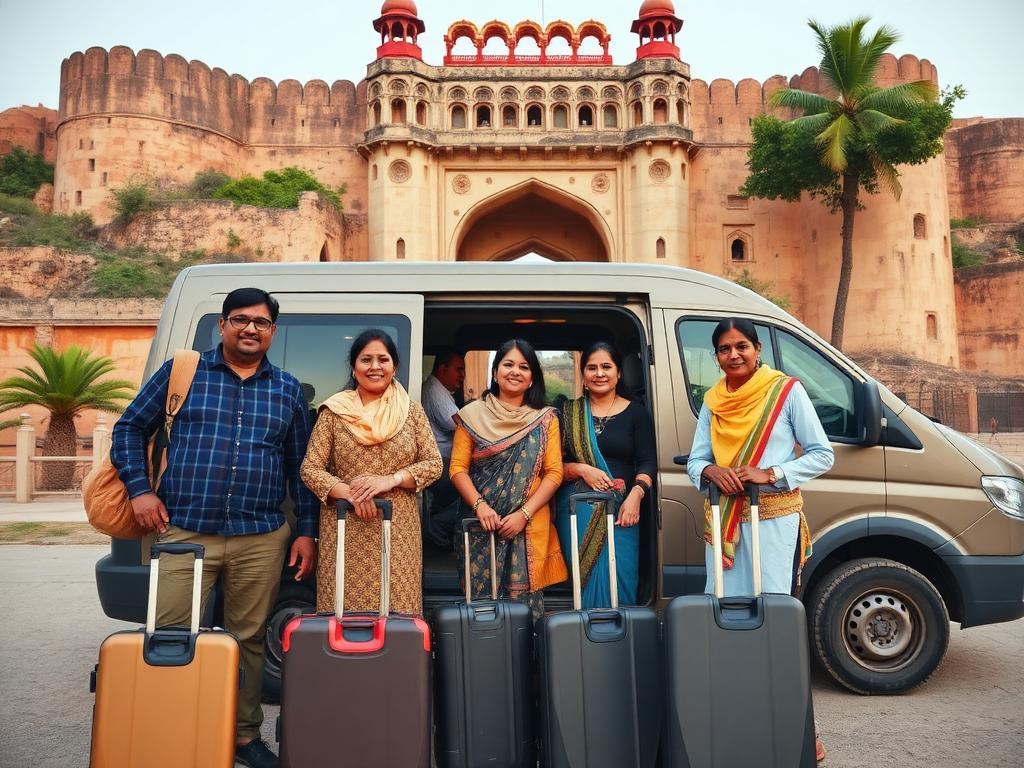 Family group travelling across Rajasthan with a Mahak Travels vehicle